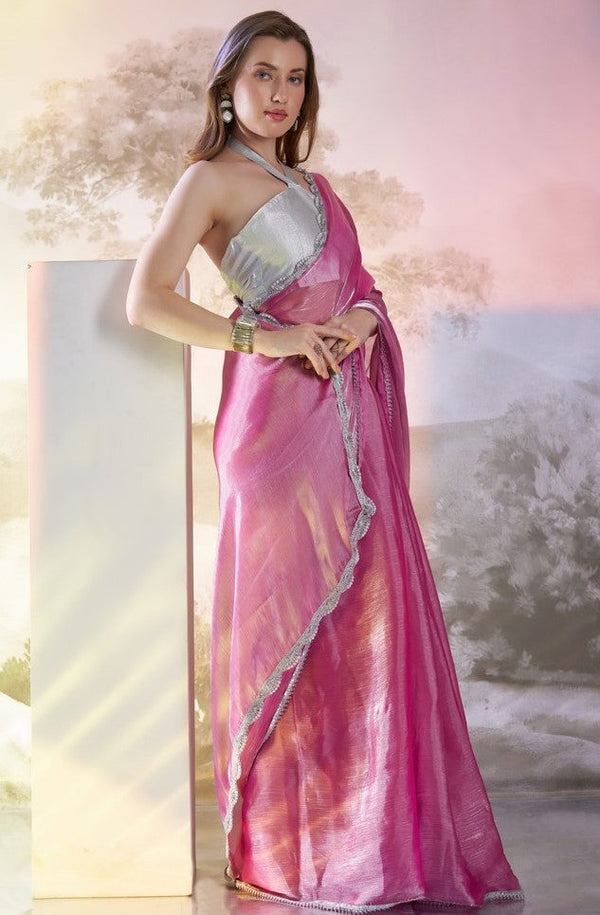 Grand Pink Color Organza Fabric Casual Saree