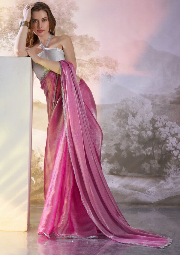 Grand Pink Color Organza Fabric Casual Saree