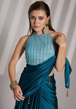 Grand Teal Color Satin Fabric Casual Saree