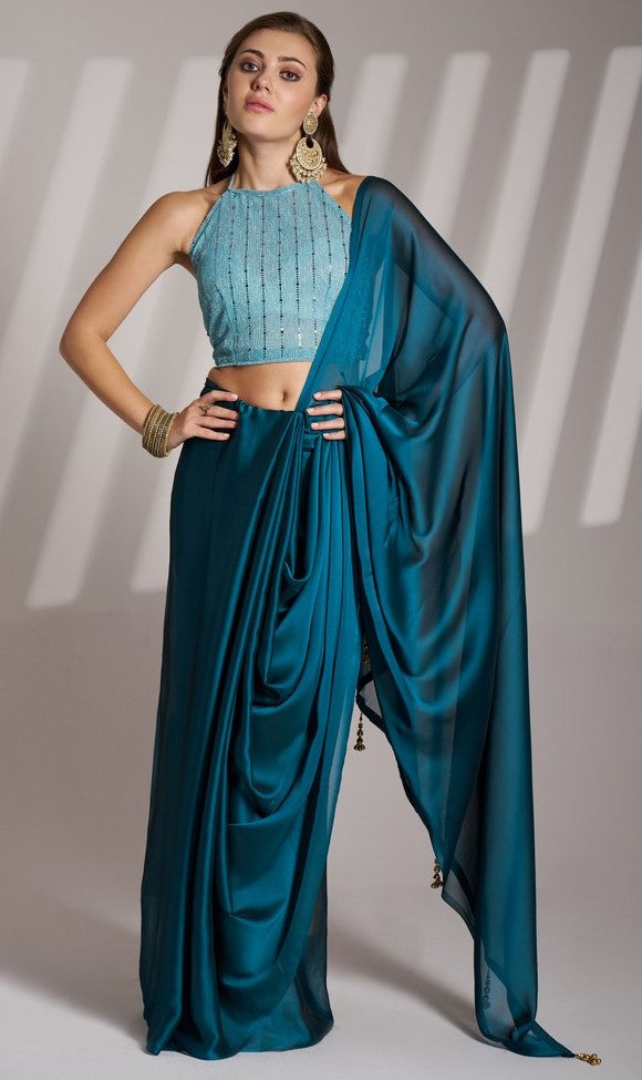 Grand Teal Color Satin Fabric Casual Saree