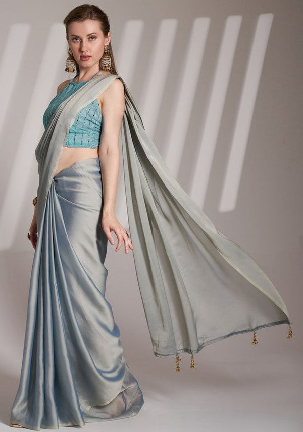 Grand Grey Color Satin Fabric Casual Saree