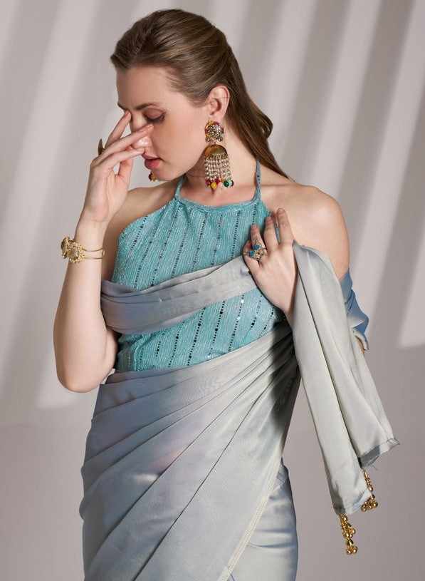 Grand Grey Color Satin Fabric Casual Saree