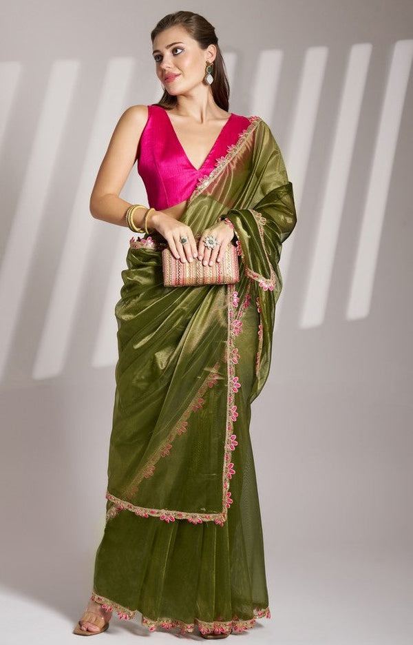 Grand Green Color Net Fabric Casual Saree