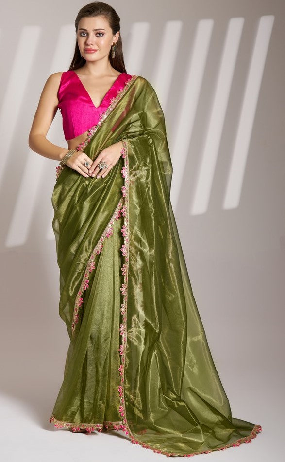 Grand Green Color Net Fabric Casual Saree