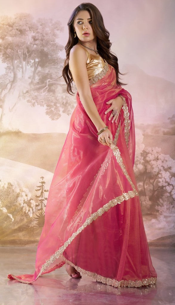 Grand Pink Color Net Fabric Casual Saree