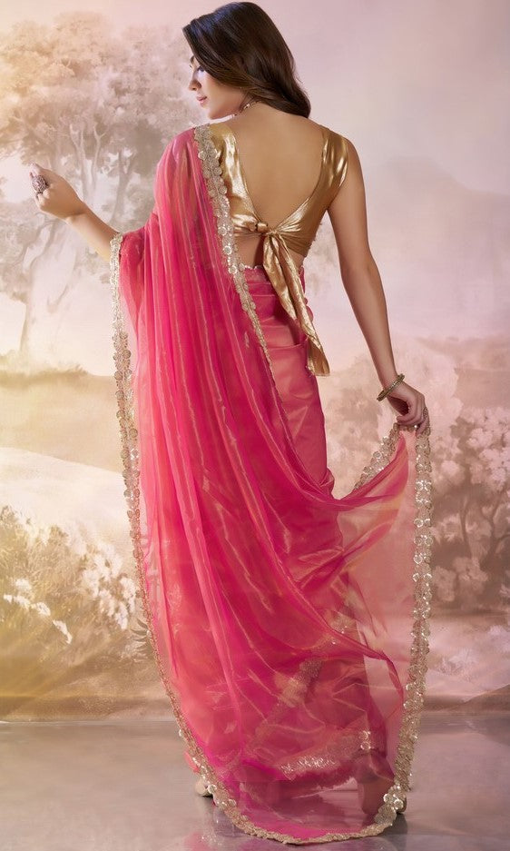 Grand Pink Color Net Fabric Casual Saree