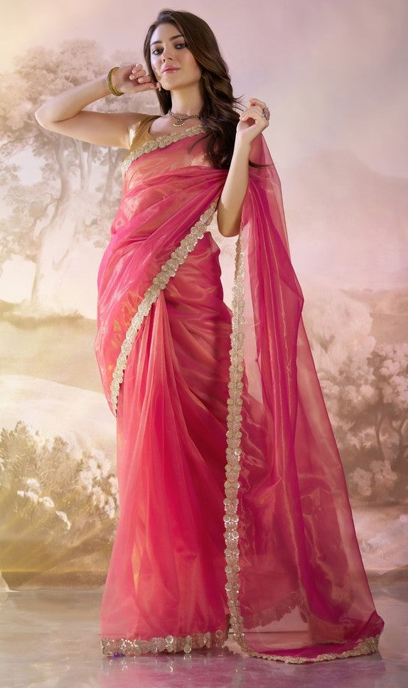 Grand Pink Color Net Fabric Casual Saree