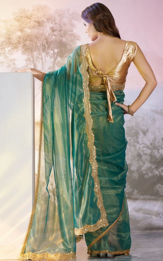 Grand Teal Color Net Fabric Casual Saree