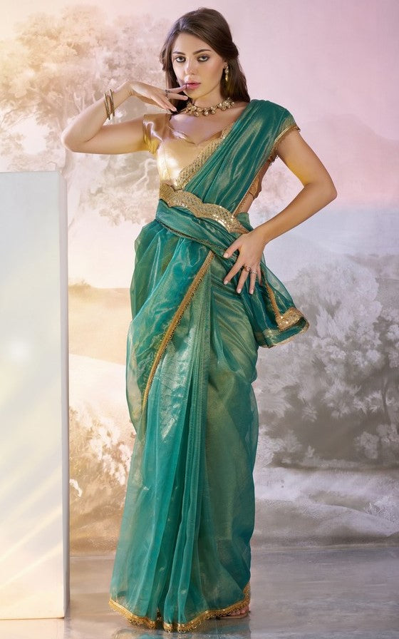 Grand Teal Color Net Fabric Casual Saree