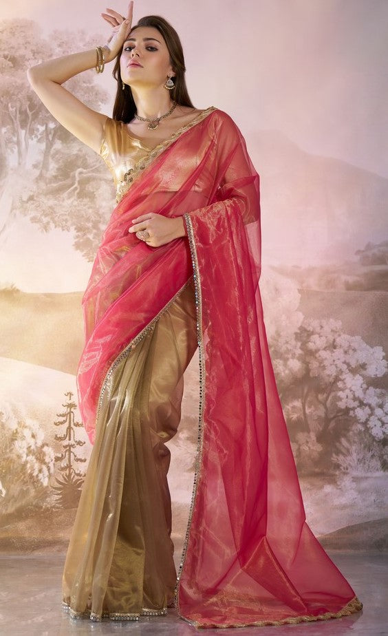 Grand Beige Color Net Fabric Casual Saree