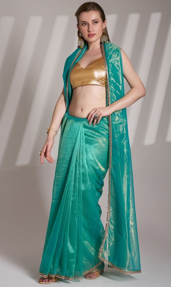 Grand Turquoise Color Net Fabric Casual Saree