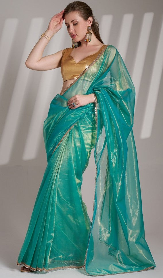 Grand Turquoise Color Net Fabric Casual Saree