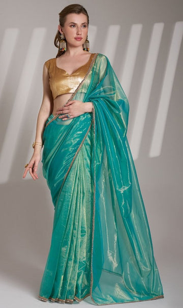 Grand Turquoise Color Net Fabric Casual Saree