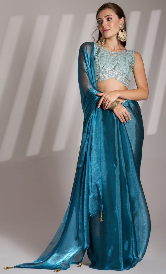 Grand Teal Color Net Fabric Casual Saree