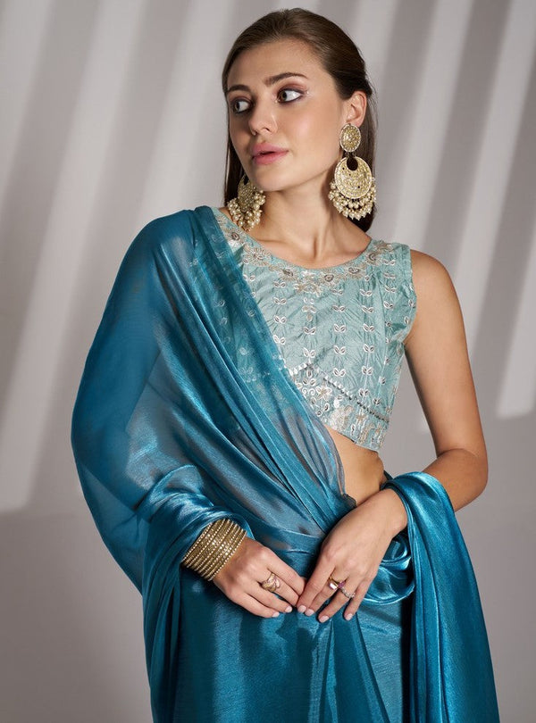 Grand Teal Color Net Fabric Casual Saree