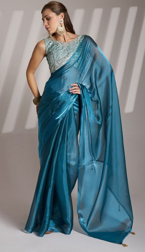 Grand Teal Color Net Fabric Casual Saree