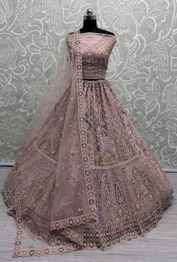 Amazing Peach Color Net Fabric Party Wear Lehenga