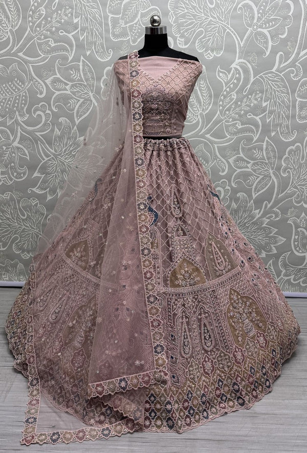 Amazing Peach Color Net Fabric Party Wear Lehenga