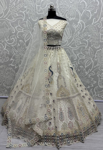 Amazing Cream Color Net Fabric Party Wear Lehenga