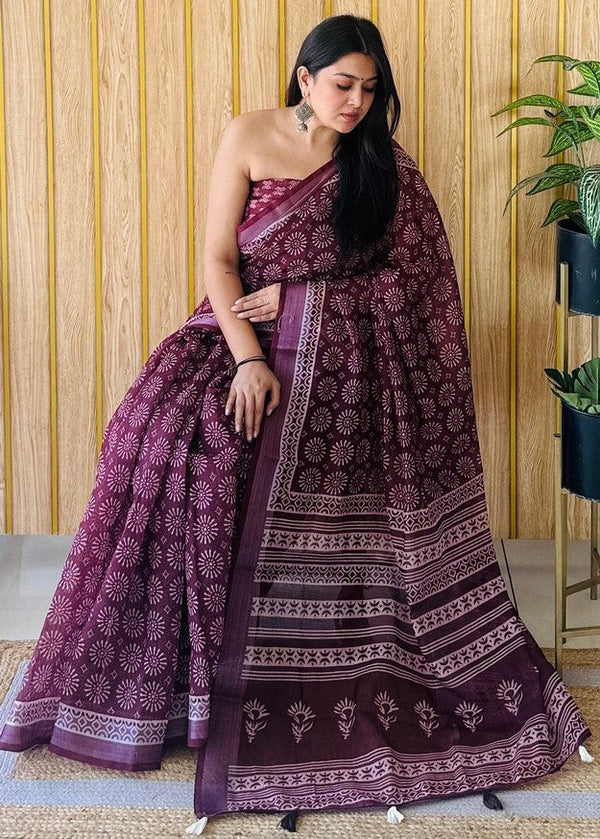 Grand Wine Color Cotton Fabric Casual Saree