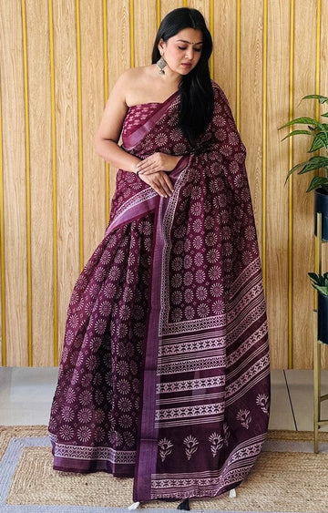 Grand Wine Color Cotton Fabric Casual Saree