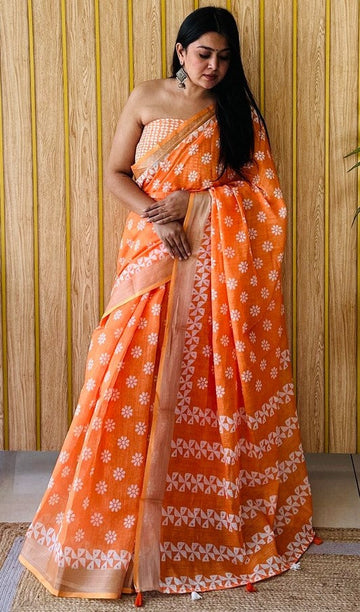 Grand Orange Color Cotton Fabric Casual Saree