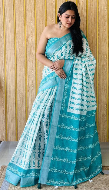 Grand Turquoise Color Cotton Fabric Casual Saree