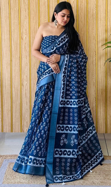 Grand Teal Color Cotton Fabric Casual Saree