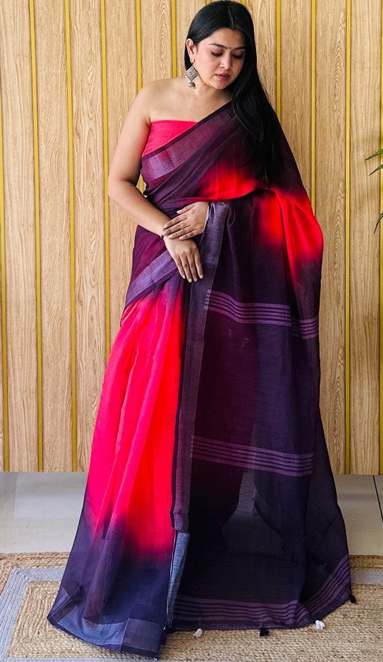 Grand Red Color Cotton Fabric Casual Saree