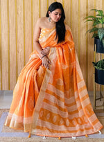 Grand Orange Color Cotton Fabric Casual Saree