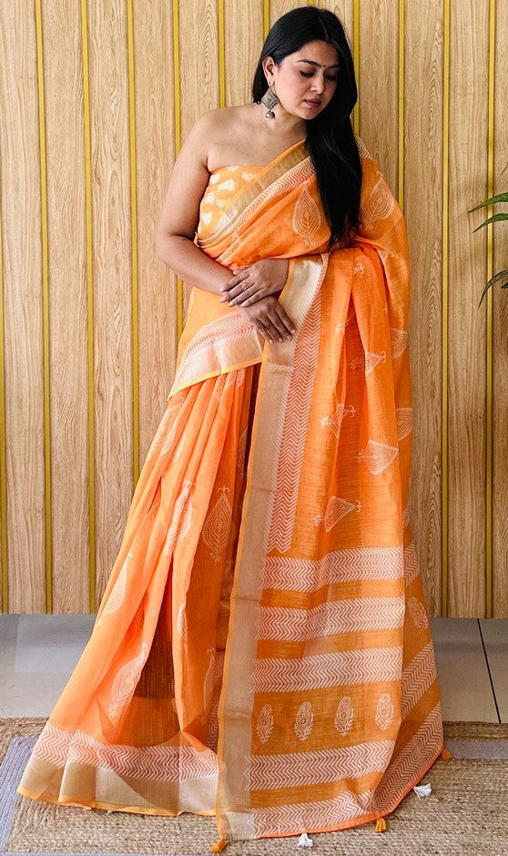 Grand Orange Color Cotton Fabric Casual Saree