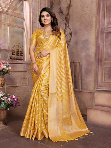 Amazing Yellow Color Organza Fabric Casual Saree