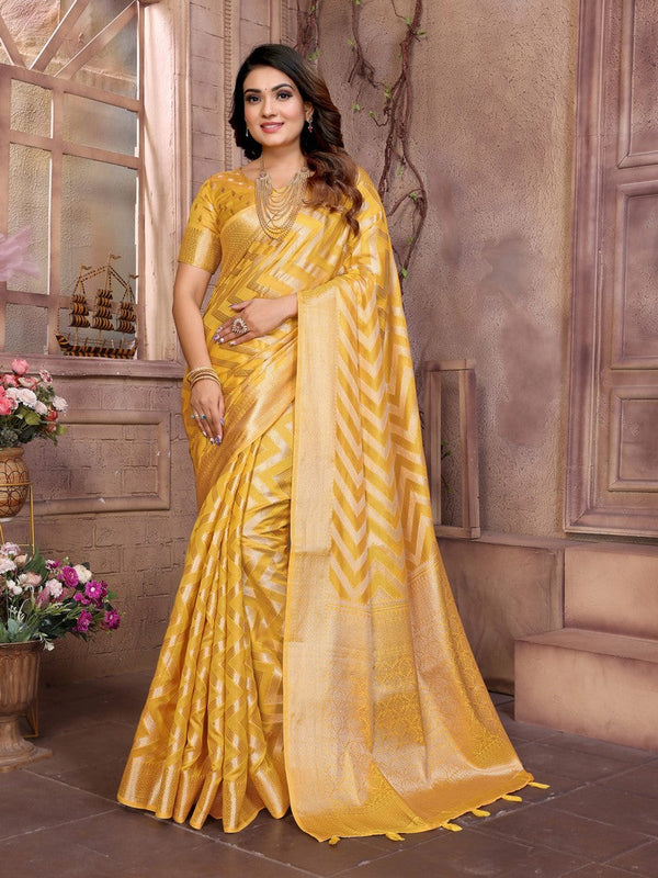 Amazing Yellow Color Organza Fabric Casual Saree