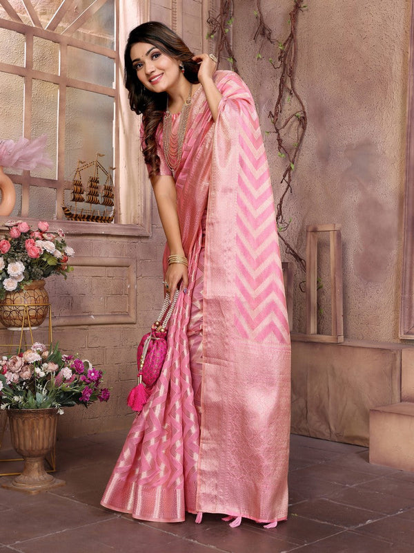 Amazing Pink Color Organza Fabric Casual Saree