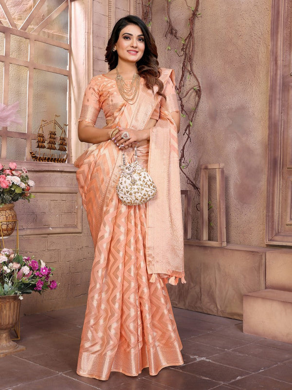 Amazing Peach Color Organza Fabric Casual Saree