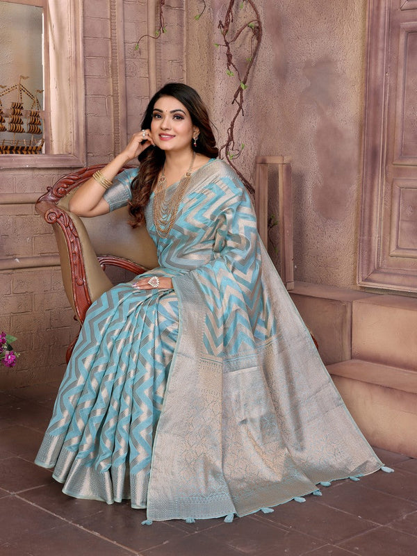 Amazing Aqua Color Organza Fabric Casual Saree