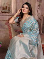 Amazing Aqua Color Organza Fabric Casual Saree