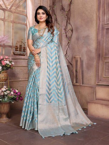 Amazing Aqua Color Organza Fabric Casual Saree