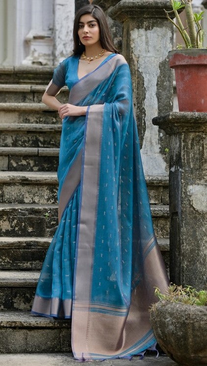 Ideal Turquoise Color Silk Fabric Casual Saree