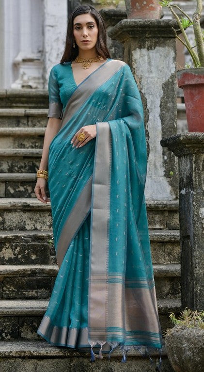 Ideal Teal Color Silk Fabric Casual Saree