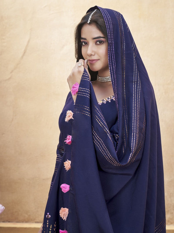 Dazzling Navy Blue Color Silk Fabric Plazzo Suit