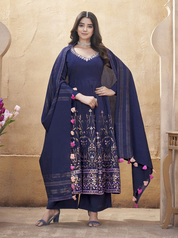 Dazzling Navy Blue Color Silk Fabric Plazzo Suit