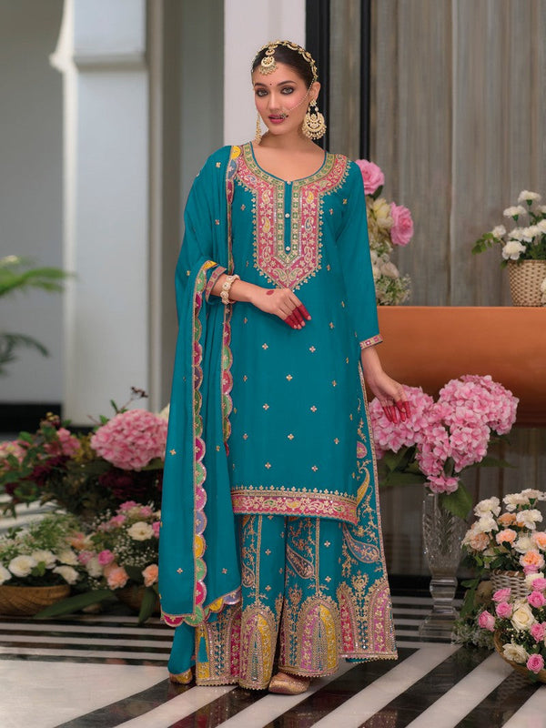 Tasteful Green Color Georgette Fabric Plazzo Suit