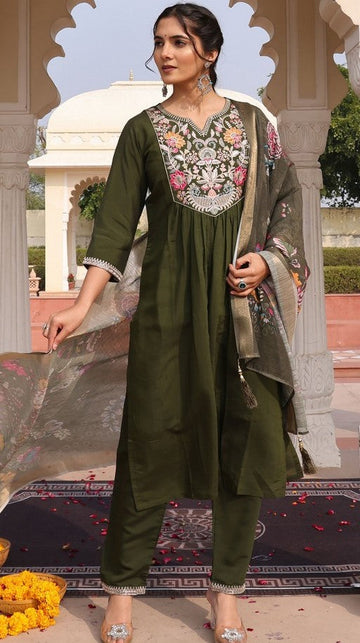 Gorgeous Green Color Silk Fabric Designer Suit