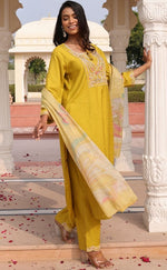 Gorgeous Yellow Color Silk Fabric Designer Suit