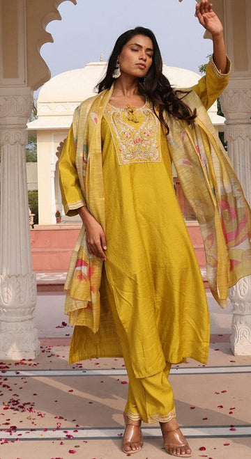 Gorgeous Yellow Color Silk Fabric Designer Suit