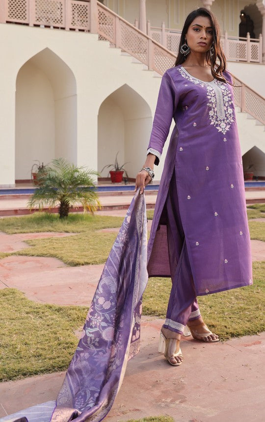 Gorgeous Purple Color Silk Fabric Designer Suit