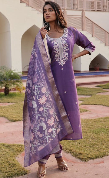 Gorgeous Purple Color Silk Fabric Designer Suit