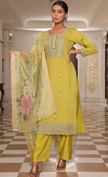 Gorgeous Yellow Color Silk Fabric Designer Suit