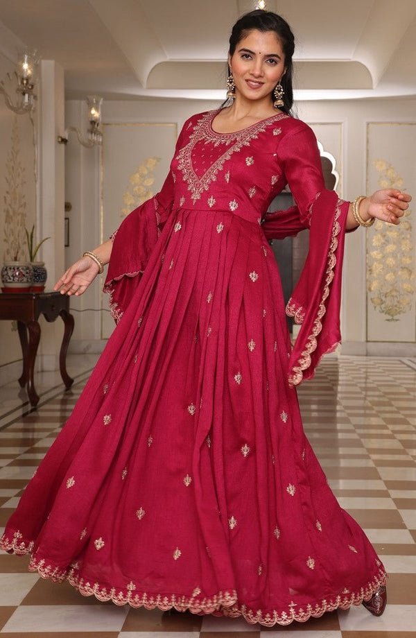 Gorgeous Maroon Color Silk Fabric Designer Suit